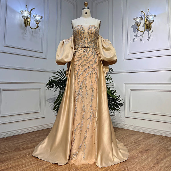 Serene Hill Champagne Luxury Mermaid Evening Dresses Long Gowns with Half Purr Sleeves and Elegant for Women Party LA71120