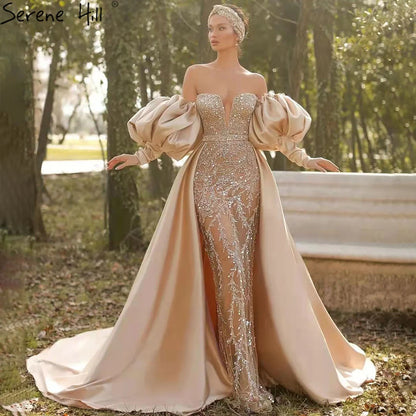 Serene Hill Champagne Luxury Mermaid Evening Dresses Long Gowns with Half Purr Sleeves and Elegant for Women Party LA71120 - SERENE HILL
