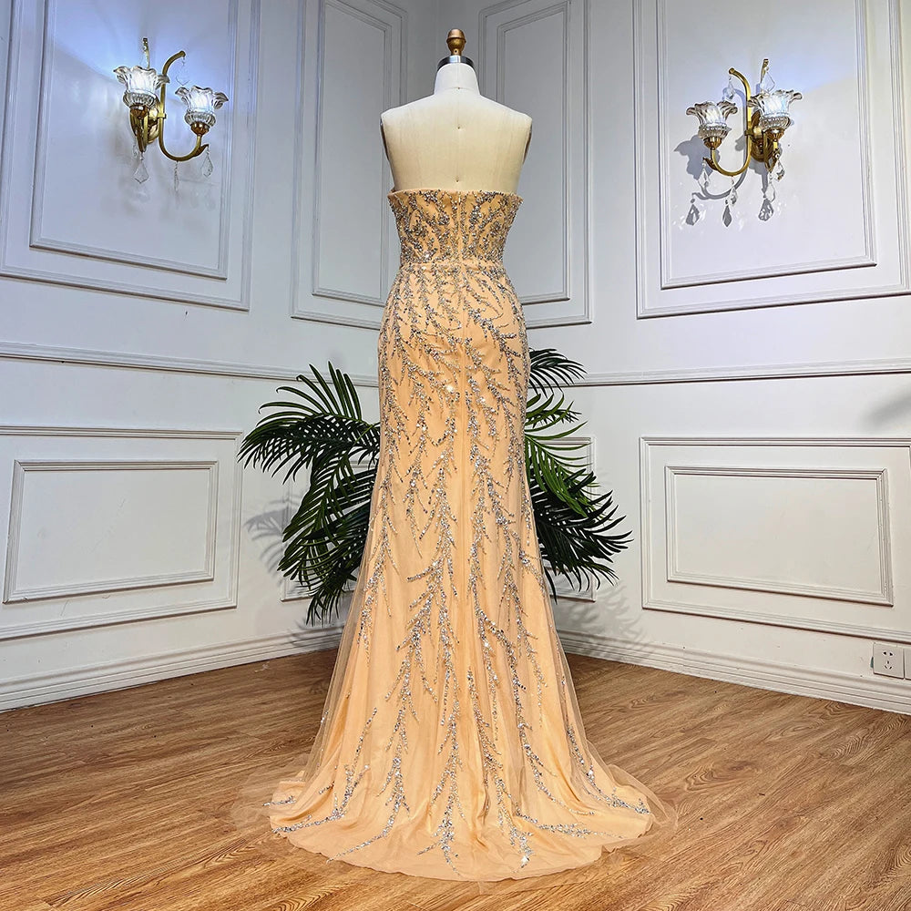 Serene Hill Champagne Luxury Mermaid Evening Dresses Long Gowns with Half Purr Sleeves and Elegant for Women Party LA71120 - SERENE HILL
