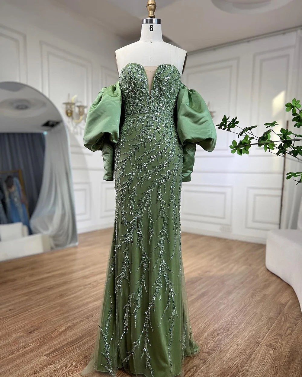 Serene Hill Champagne Luxury Mermaid Evening Dresses Long Gowns with Half Purr Sleeves and Elegant for Women Party LA71120 - SERENE HILL