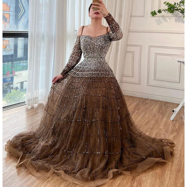 Serene Hill Champagne Luxury Sexy Evening Dresses Gowns 2025 Elegant Long Sleeves Beaded For Women  Party LA70292