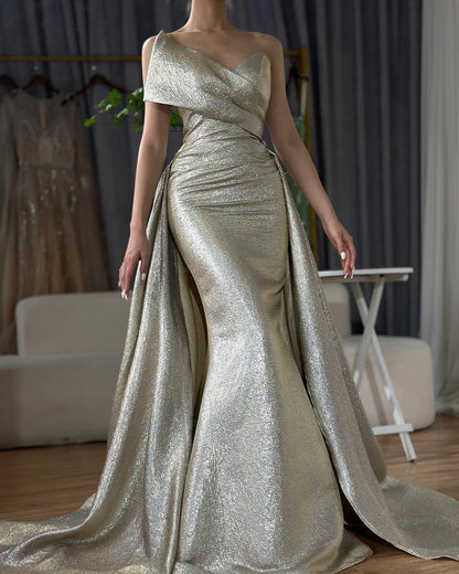 Luxury Dubai Customize Champagne Mermaid Evening Dress with Off Shoulder and Tie Design for Formal Occasion LA70626A - SERENE HILL