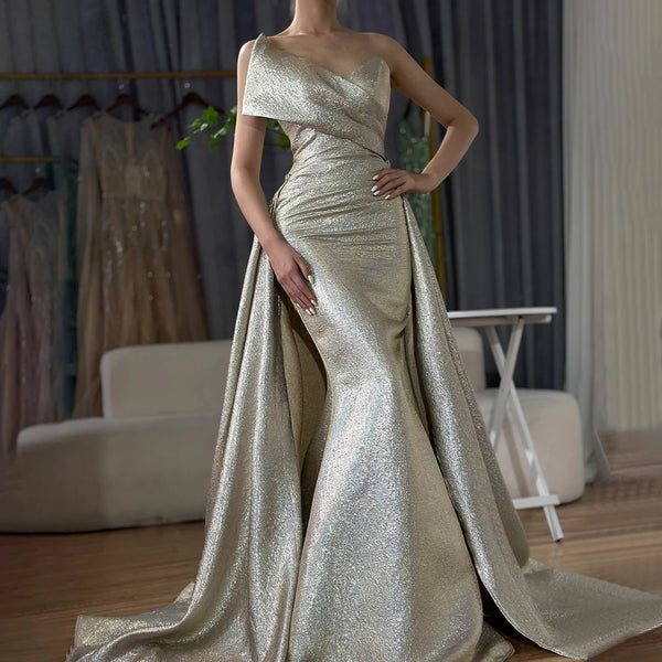 Luxury Dubai Customize  Champagne Mermaid Evening Dress with Off Shoulder and Tie Design for Formal Occasion LA70626A