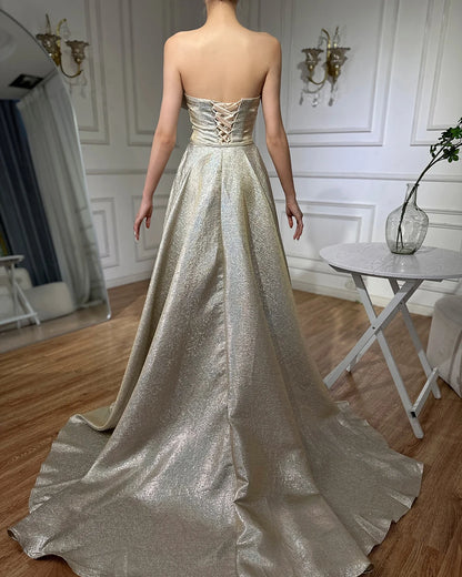 Luxury Dubai Customize Champagne Mermaid Evening Dress with Off Shoulder and Tie Design for Formal Occasion LA70626A - SERENE HILL