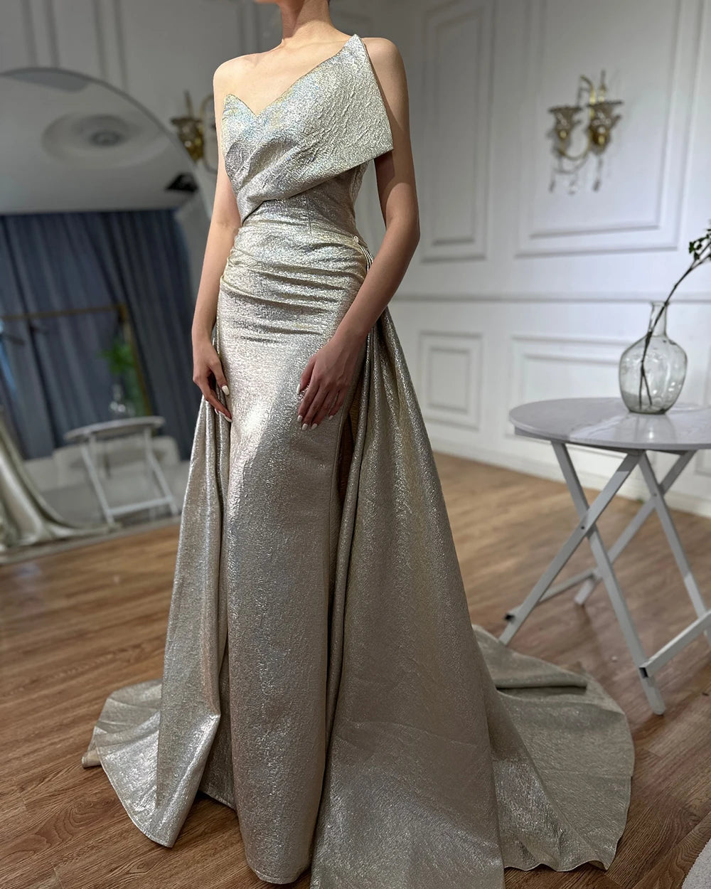 Luxury Dubai Customize Champagne Mermaid Evening Dress with Off Shoulder and Tie Design for Formal Occasion LA70626A - SERENE HILL