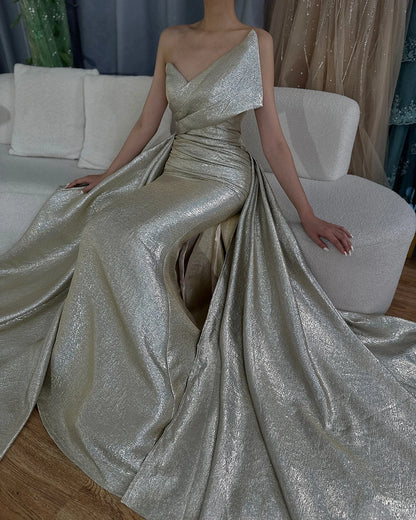 Luxury Dubai Customize Champagne Mermaid Evening Dress with Off Shoulder and Tie Design for Formal Occasion LA70626A - SERENE HILL