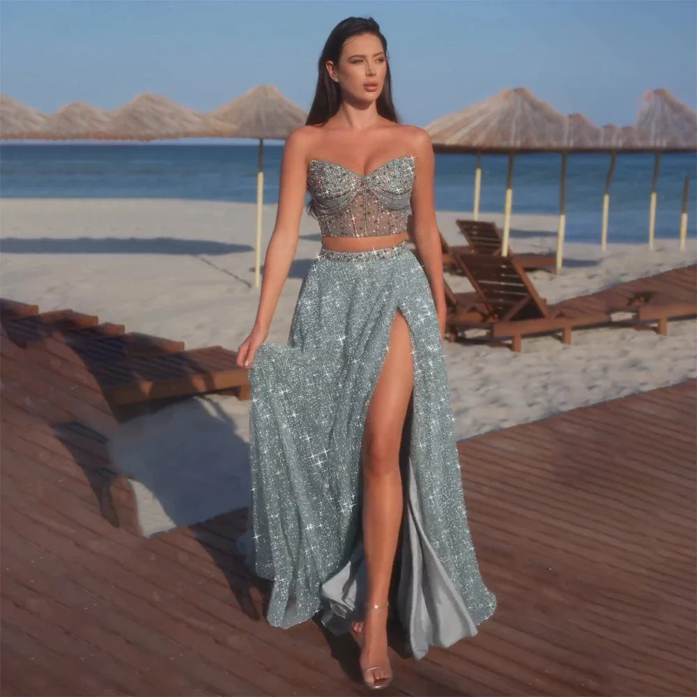 Luxury Dubai Customize Saudi Turquoise Two-Piece Evening Dress with High Split for Formal Occasion LA72786 - SERENE HILL