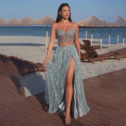 Luxury Dubai Customize Saudi Turquoise Two-Piece Evening Dress with High Split for Formal Occasion LA72786 - SERENE HILL