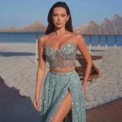 Luxury Dubai Customize Saudi Turquoise Two-Piece Evening Dress with High Split for Formal Occasion LA72786 - SERENE HILL