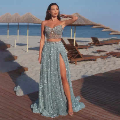 Luxury Dubai Customize Saudi Turquoise Two-Piece Evening Dress with High Split for Formal Occasion LA72786 - SERENE HILL