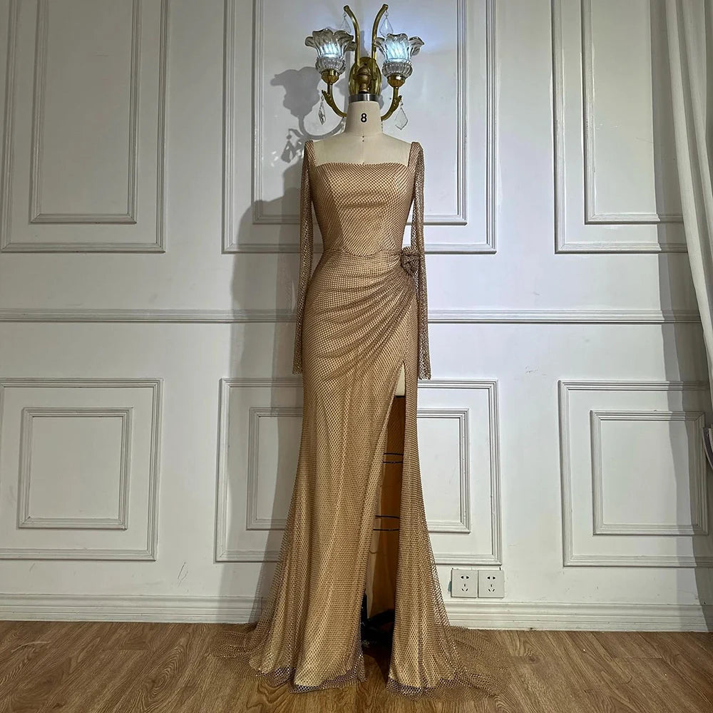 Luxury Dubai Customize Nude Elegant High Split Beaded Mermaid Saudi Arabic Evening Dresses Gown For Formal Occasion LA72801A - SERENE HILL