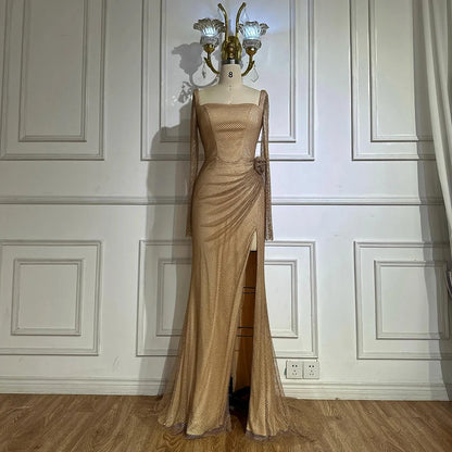 Luxury Dubai Customize Nude Elegant High Split Beaded Mermaid Saudi Arabic Evening Dresses Gown For Formal Occasion LA72801A - SERENE HILL