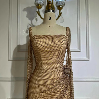Luxury Dubai Customize Nude Elegant High Split Beaded Mermaid Saudi Arabic Evening Dresses Gown For Formal Occasion LA72801A - SERENE HILL