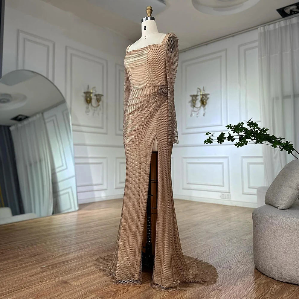 Luxury Dubai Customize Nude Elegant High Split Beaded Mermaid Saudi Arabic Evening Dresses Gown For Formal Occasion LA72801A - SERENE HILL