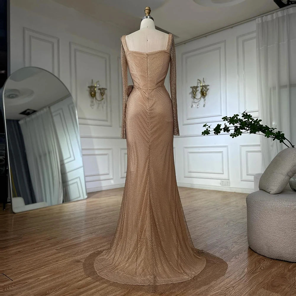 Luxury Dubai Customize Nude Elegant High Split Beaded Mermaid Saudi Arabic Evening Dresses Gown For Formal Occasion LA72801A - SERENE HILL