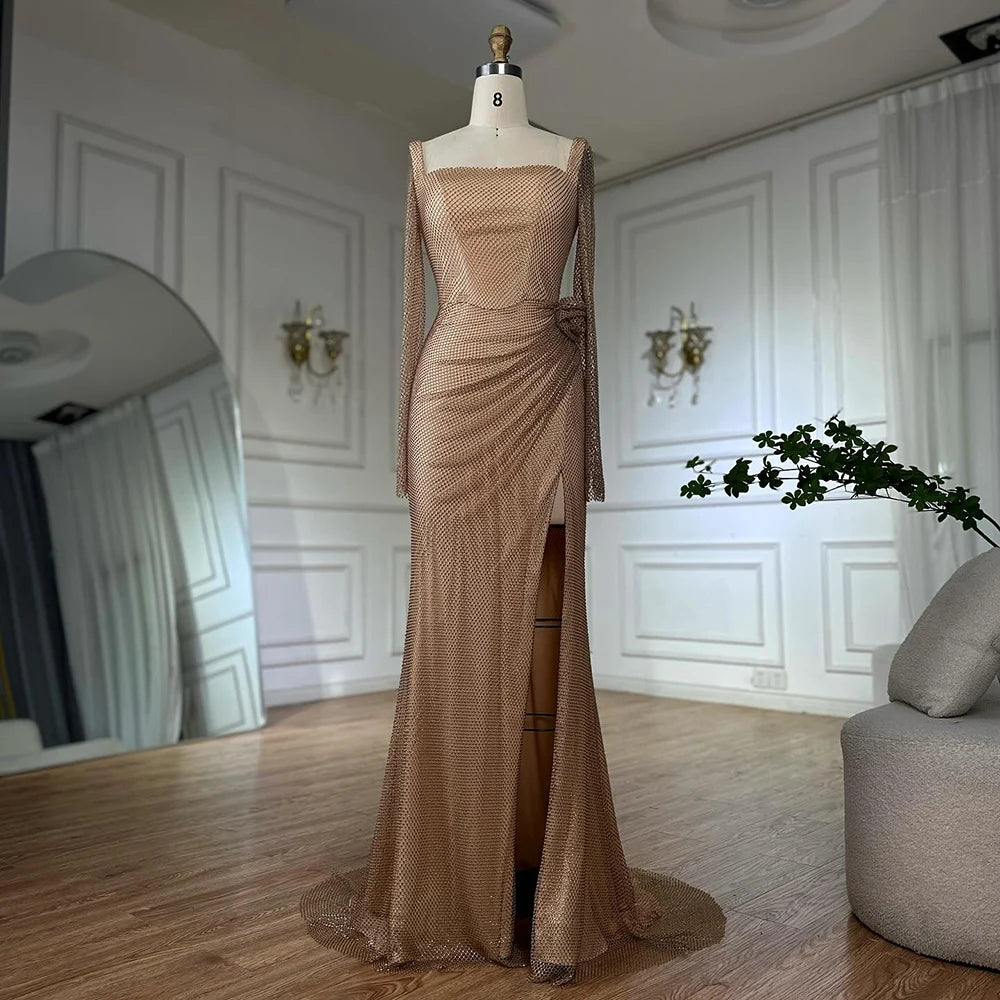 Luxury Dubai Customize Nude Elegant High Split Beaded Mermaid Saudi Arabic Evening Dresses Gown For Formal Occasion LA72801A - SERENE HILL
