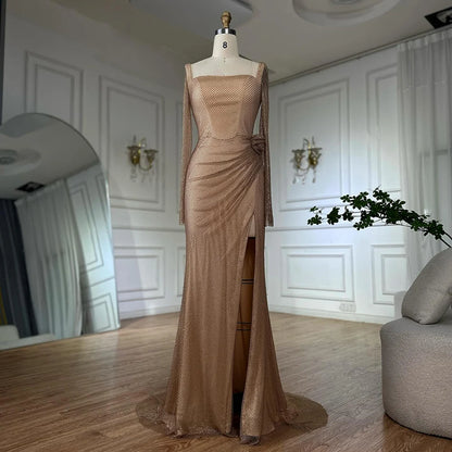 Luxury Dubai Customize Nude Elegant High Split Beaded Mermaid Saudi Arabic Evening Dresses Gown For Formal Occasion LA72801A - SERENE HILL
