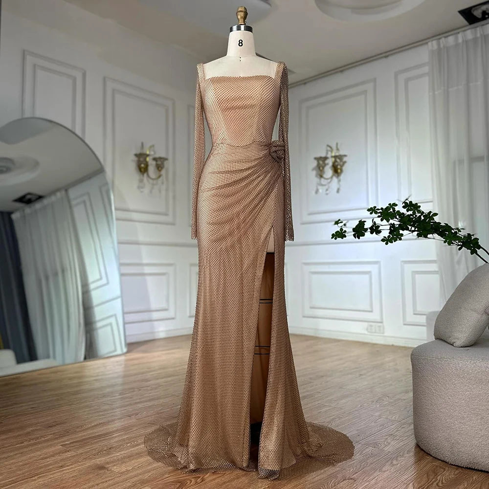 Luxury Dubai Customize Nude Elegant High Split Beaded Mermaid Saudi Arabic Evening Dresses Gown For Formal Occasion LA72801A - SERENE HILL