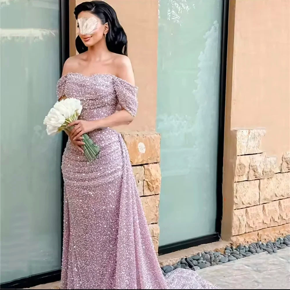 Luxury Dubai Customize Pink Elegant Saudi Mermaid Beaded Arabic Evening Dresses Gown For Formal Occasion LA72204A - SERENE HILL