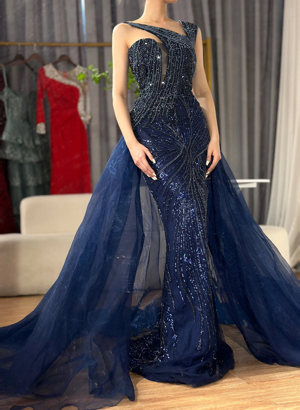 Luxury Dubai Nude Mermaid Green Evening Gown with Elegant One Shoulder Overskirt for Formal Occasion LA72031A - SERENE HILL