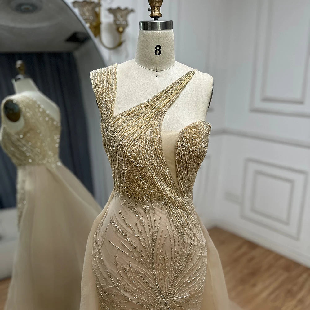 Luxury Dubai Nude Mermaid Green Evening Gown with Elegant One Shoulder Overskirt for Formal Occasion LA72031A Green / 12