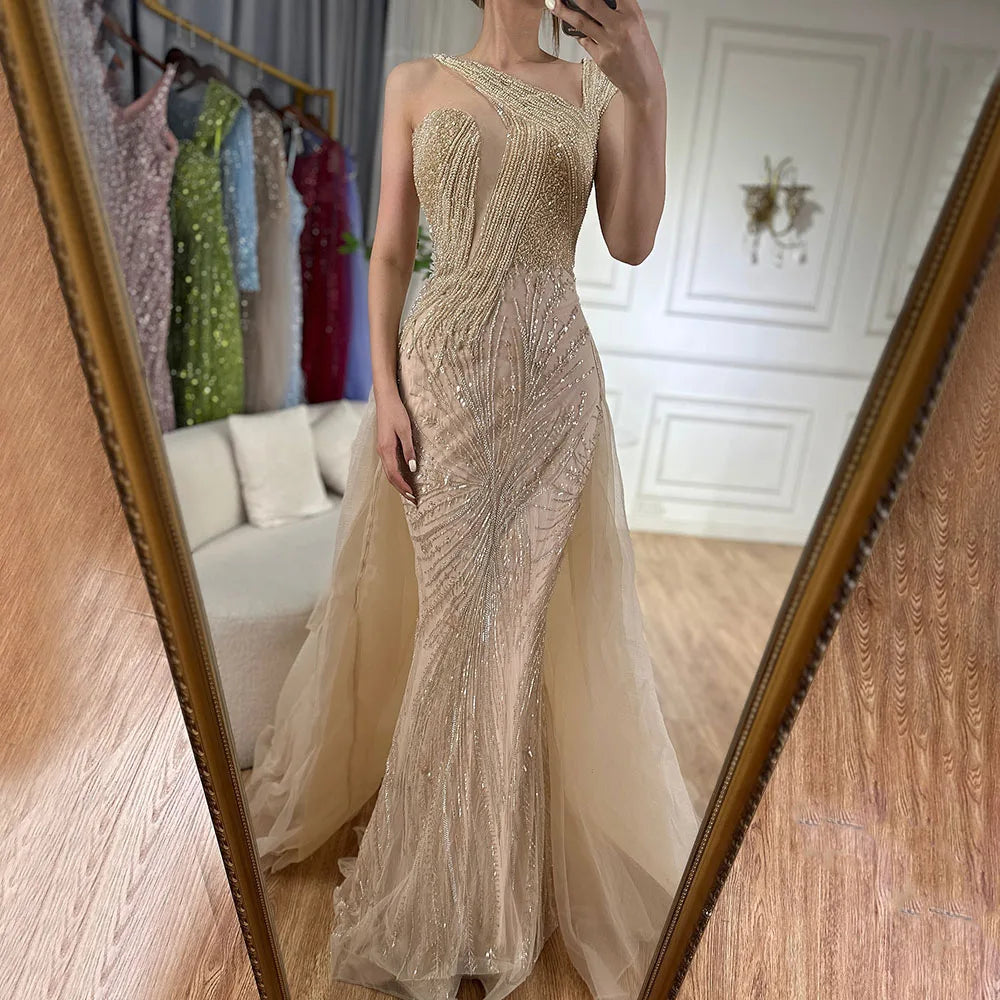 Luxury Dubai Nude Mermaid Green Evening Gown with Elegant One Shoulder Overskirt for Formal Occasion LA72031A - SERENE HILL