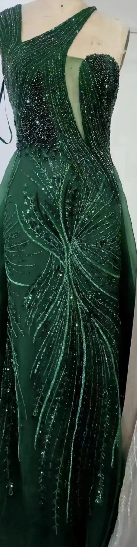 Luxury Dubai Nude Mermaid Green Evening Gown with Elegant One Shoulder Overskirt for Formal Occasion LA72031A - SERENE HILL