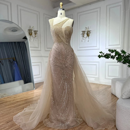 Luxury Dubai Nude Mermaid Green Evening Gown with Elegant One Shoulder Overskirt for Formal Occasion LA72031A - SERENE HILL