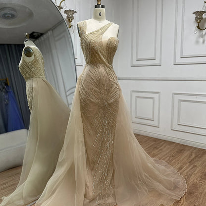 Luxury Dubai Nude Mermaid Green Evening Gown with Elegant One Shoulder Overskirt for Formal Occasion LA72031A - SERENE HILL