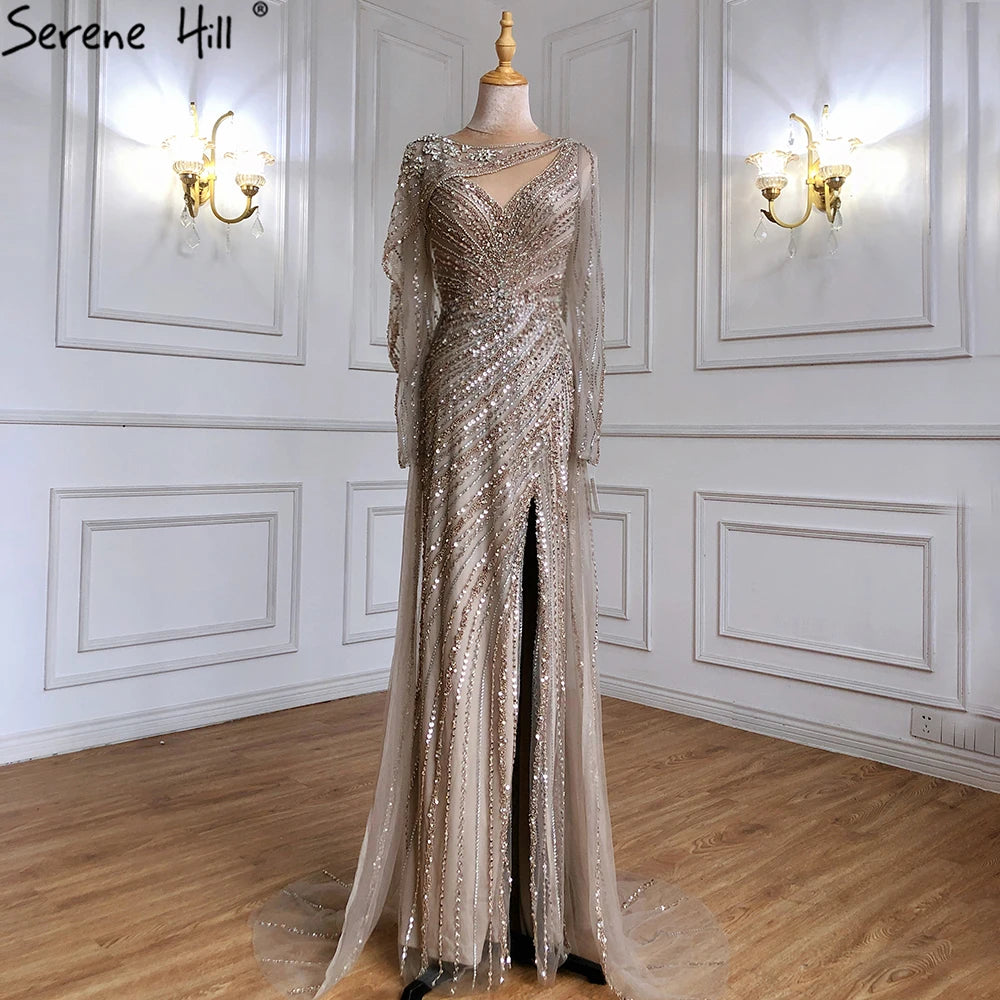 Luxury Dubai Brown Luxury Mermaid Evening Dress Gown Beaded Elegant High Split For Formal Occasion LA70301L - SERENE HILL