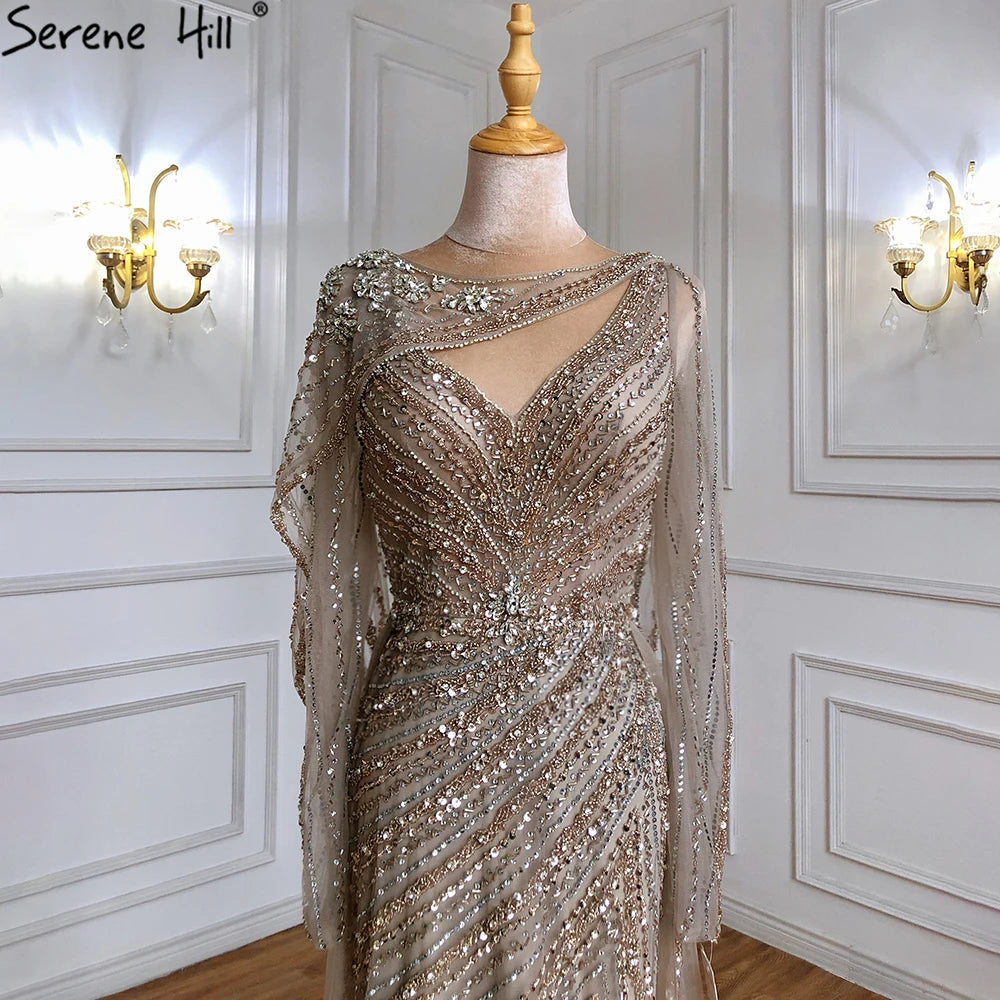 Luxury Dubai Brown Luxury Mermaid Evening Dress Gown Beaded Elegant High Split For Formal Occasion LA70301L - SERENE HILL