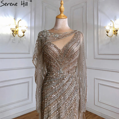 Luxury Dubai Brown Luxury Mermaid Evening Dress Gown Beaded Elegant High Split For Formal Occasion LA70301L - SERENE HILL