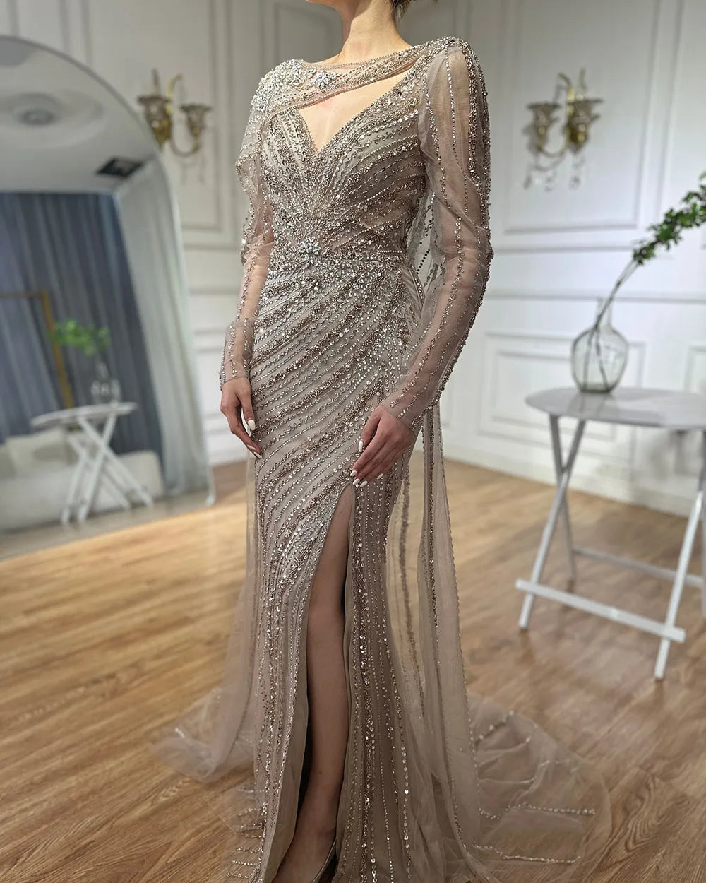 Luxury Dubai Brown Luxury Mermaid Evening Dress Gown Beaded Elegant High Split For Formal Occasion LA70301L - SERENE HILL