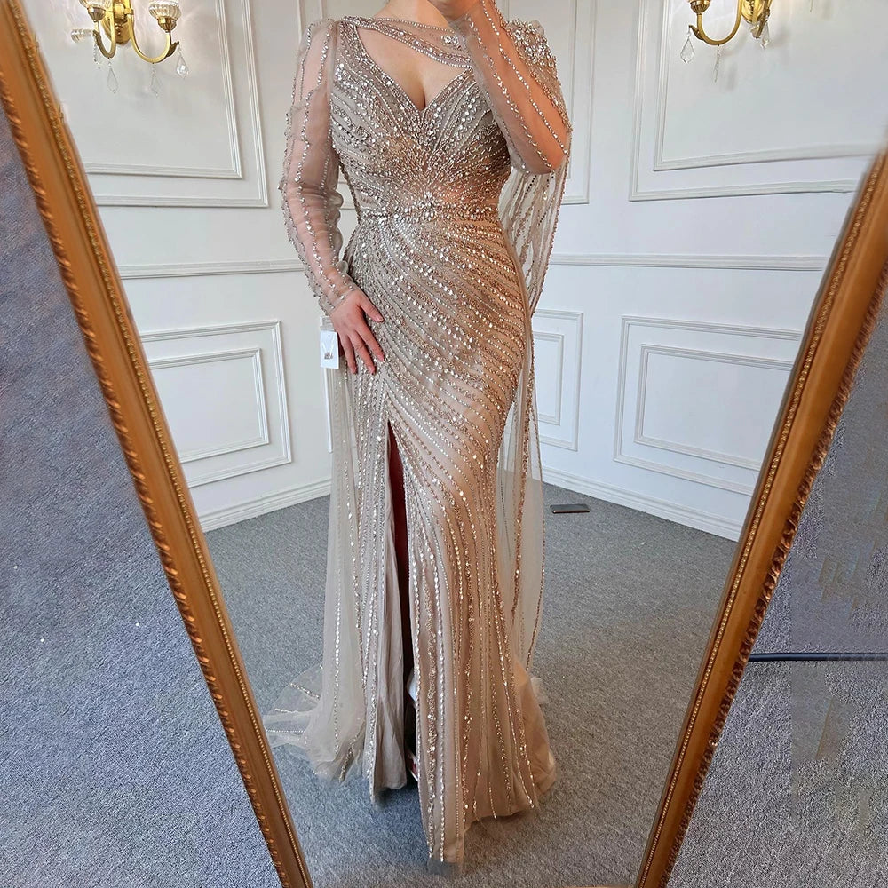 Luxury Dubai Brown Luxury Mermaid Evening Dress Gown Beaded Elegant High Split For Formal Occasion LA70301L - SERENE HILL