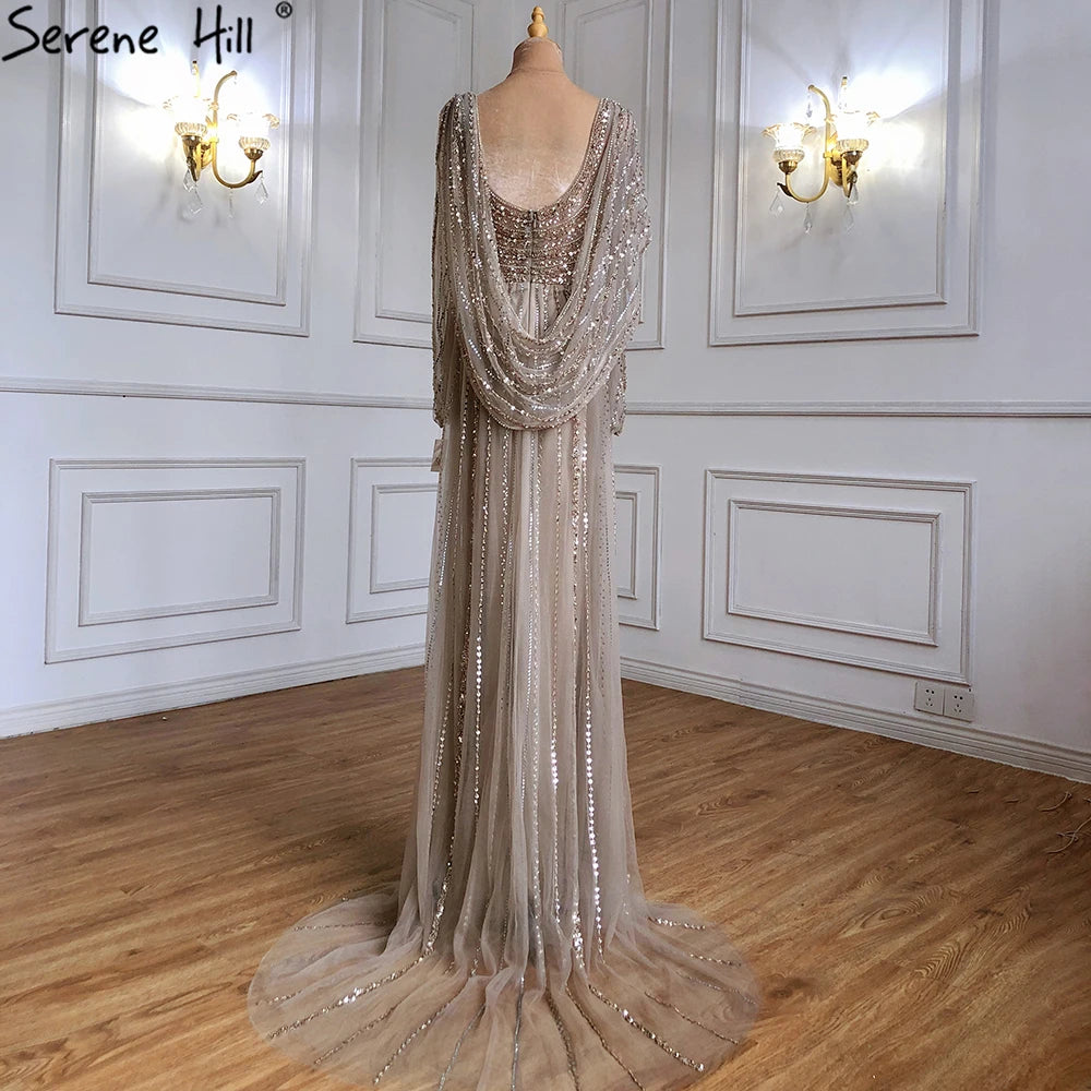 Luxury Dubai Brown Luxury Mermaid Evening Dress Gown Beaded Elegant High Split For Formal Occasion LA70301L - SERENE HILL
