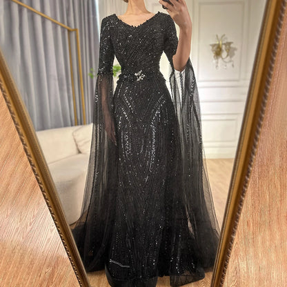 Luxury Dubai Caramel A-Line Beaded Evening Dress with Cape Sleeves LA72798 - SERENE HILL