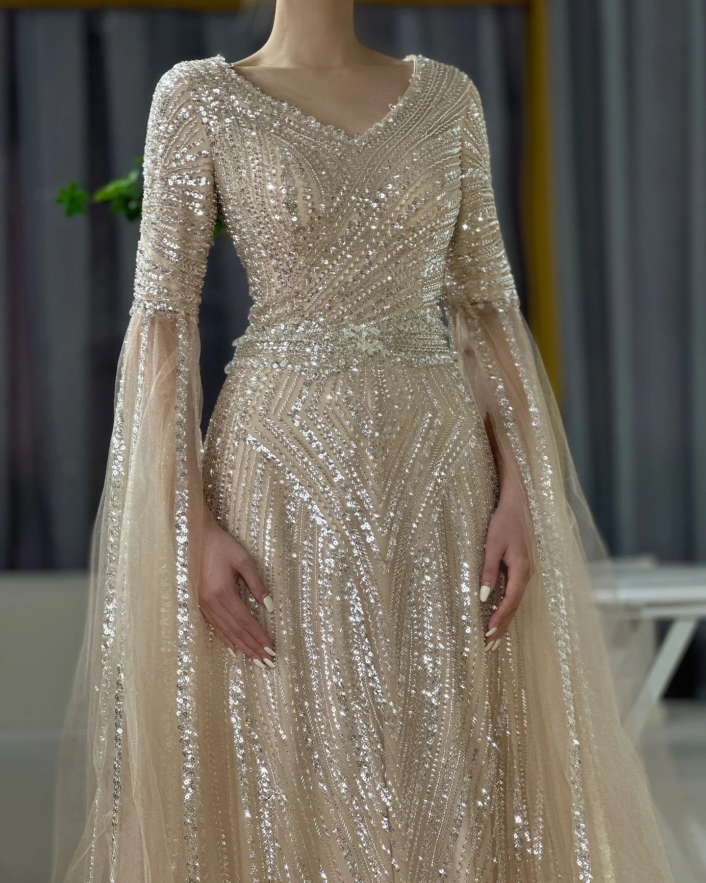 Luxury Dubai Caramel A-Line Beaded Evening Dress with Cape Sleeves LA72798 - SERENE HILL