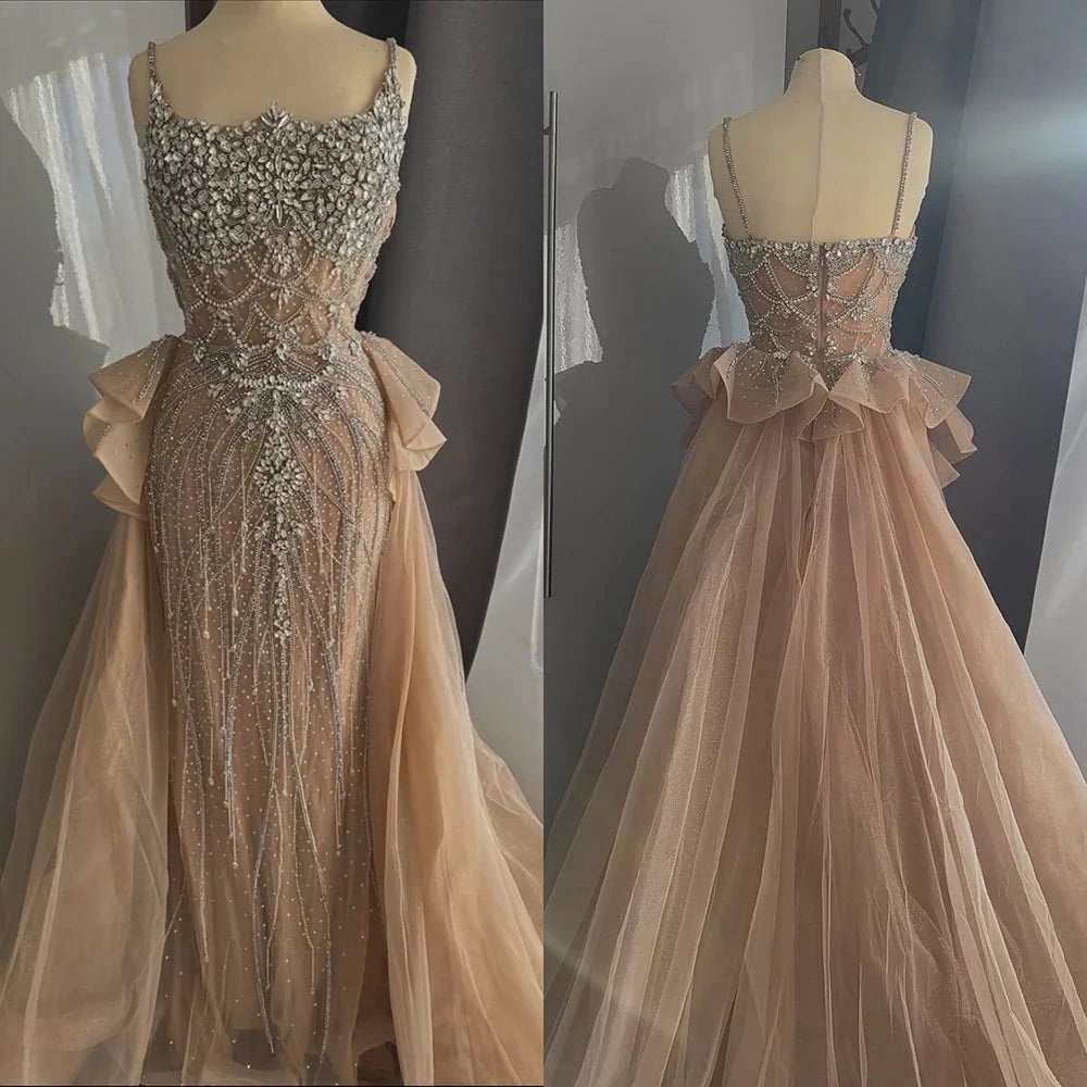 Luxury Dubai Nude Saudi Beaded Spaghetti Strap Evening Dress with Overskirt LA72810 - SERENE HILL