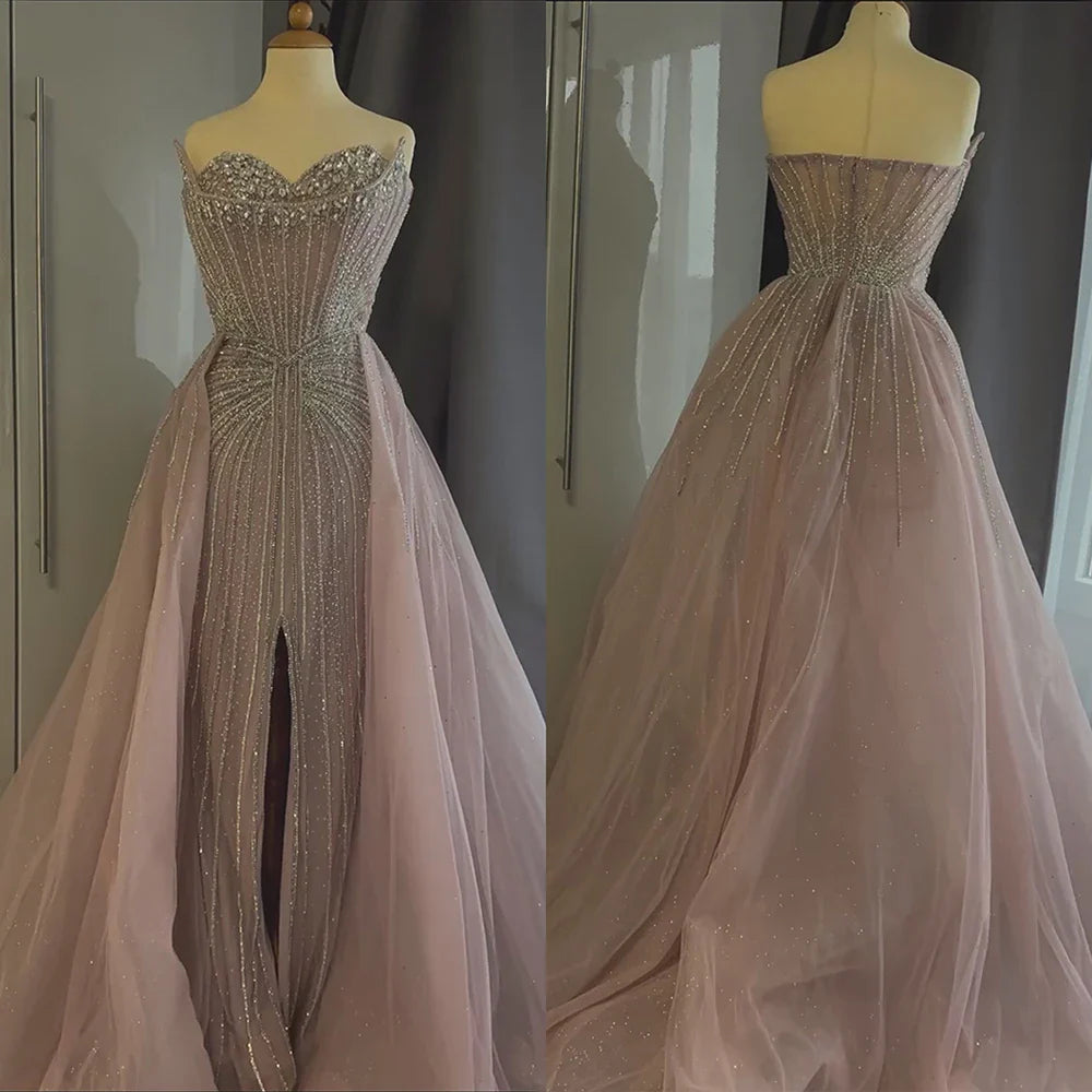 Luxury Dubai Nude Beaded Mermaid Evening Dress with Overskirt LA72811 - SERENE HILL
