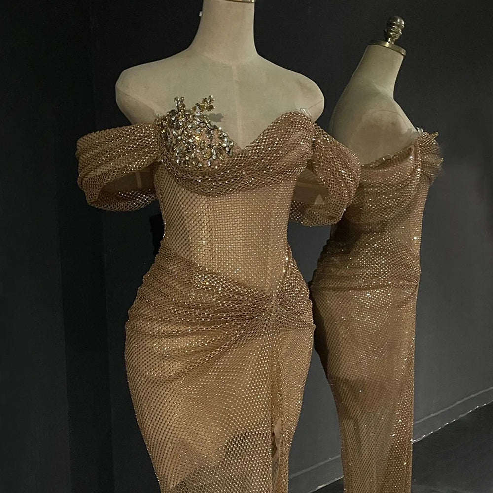 Luxury Dubai Nude Saudi Arabic Beaded High Split Evening Dresses Gowns for Formal Occasion LA72807 - SERENE HILL