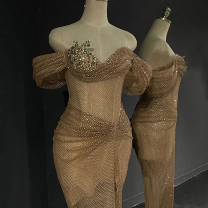 Luxury Dubai Nude Saudi Arabic Beaded High Split Evening Dresses Gowns for Formal Occasion LA72807 - SERENE HILL
