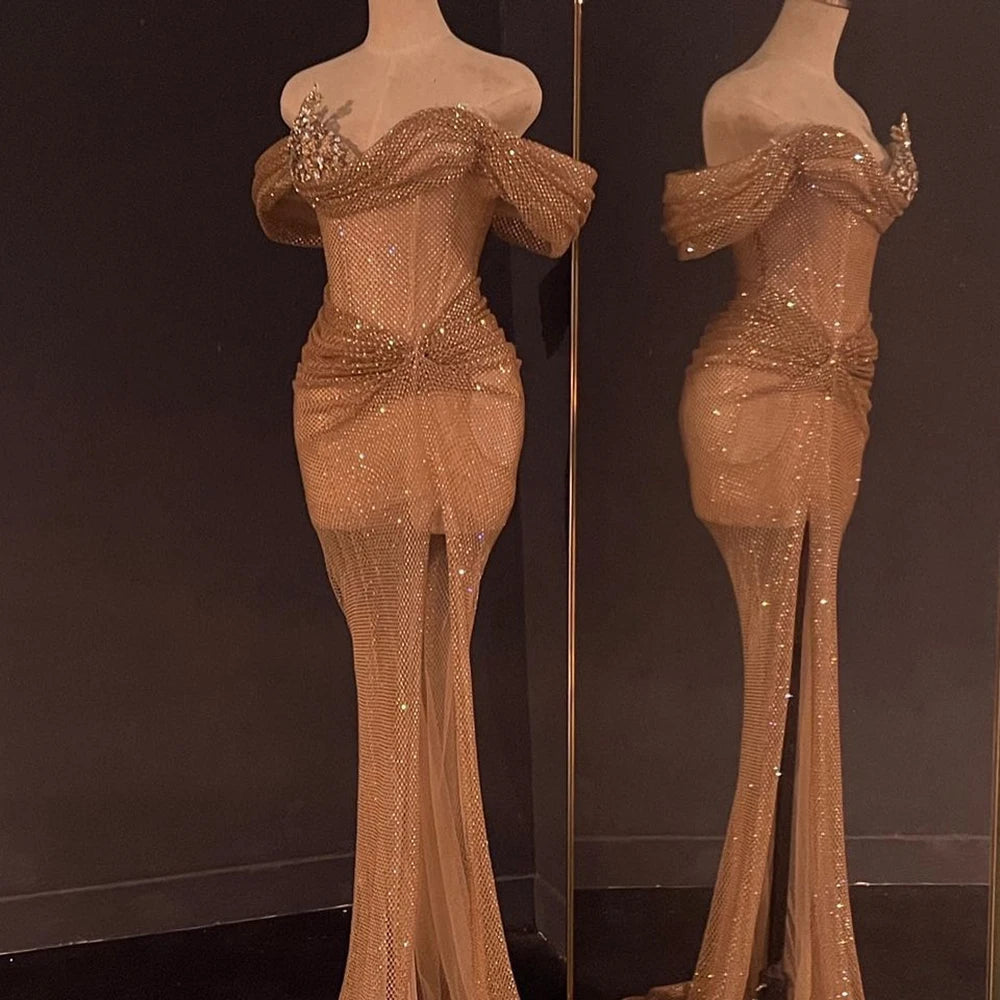Luxury Dubai Nude Saudi Arabic Beaded High Split Evening Dresses Gowns for Formal Occasion LA72807 - SERENE HILL