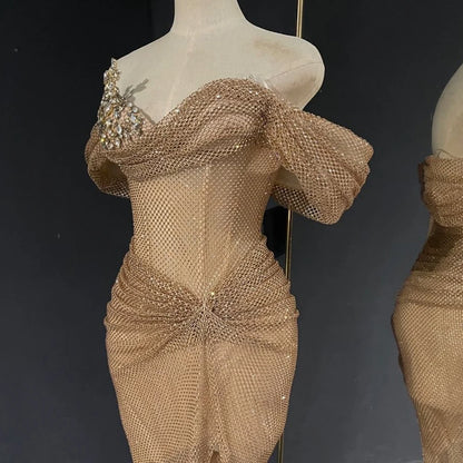 Luxury Dubai Nude Saudi Arabic Beaded High Split Evening Dresses Gowns for Formal Occasion LA72807 - SERENE HILL