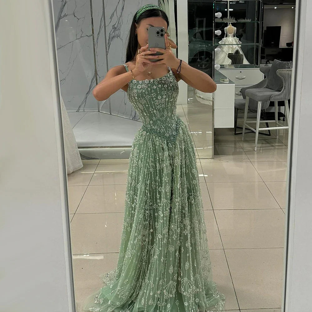 Luxury Sage Green Beaded A-Line Spaghetti Strap Evening Dress LA72805 - SERENE HILL