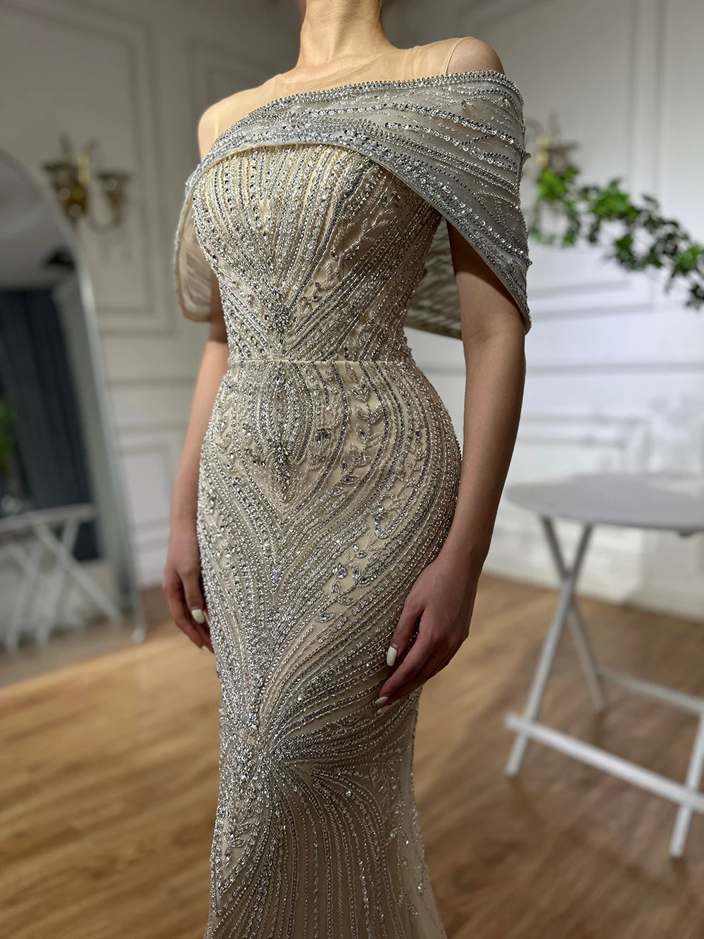 Luxury Dubai Saudi Arabic Silver Nude Beaded Mermaid Evening Dress Gown for Formal Occasion LA72800 - SERENE HILL