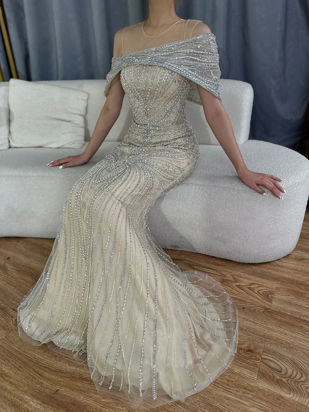 Luxury Dubai Saudi Arabic Silver Nude Beaded Mermaid Evening Dress Gown for Formal Occasion LA72800 - SERENE HILL