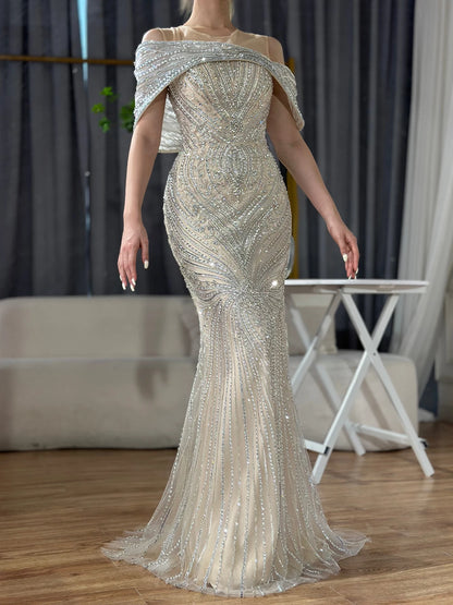 Luxury Dubai Saudi Arabic Silver Nude Beaded Mermaid Evening Dress Gown for Formal Occasion LA72800 - SERENE HILL