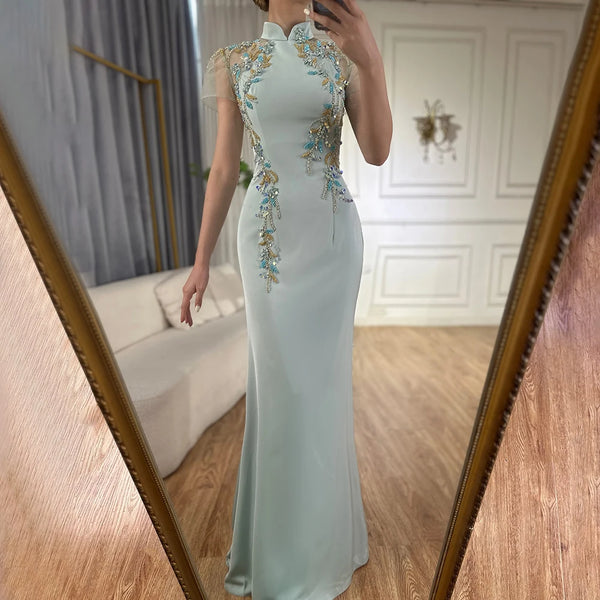 Luxury Mint Beaded Satin Mermaid Evening Dress with Corset LA72797
