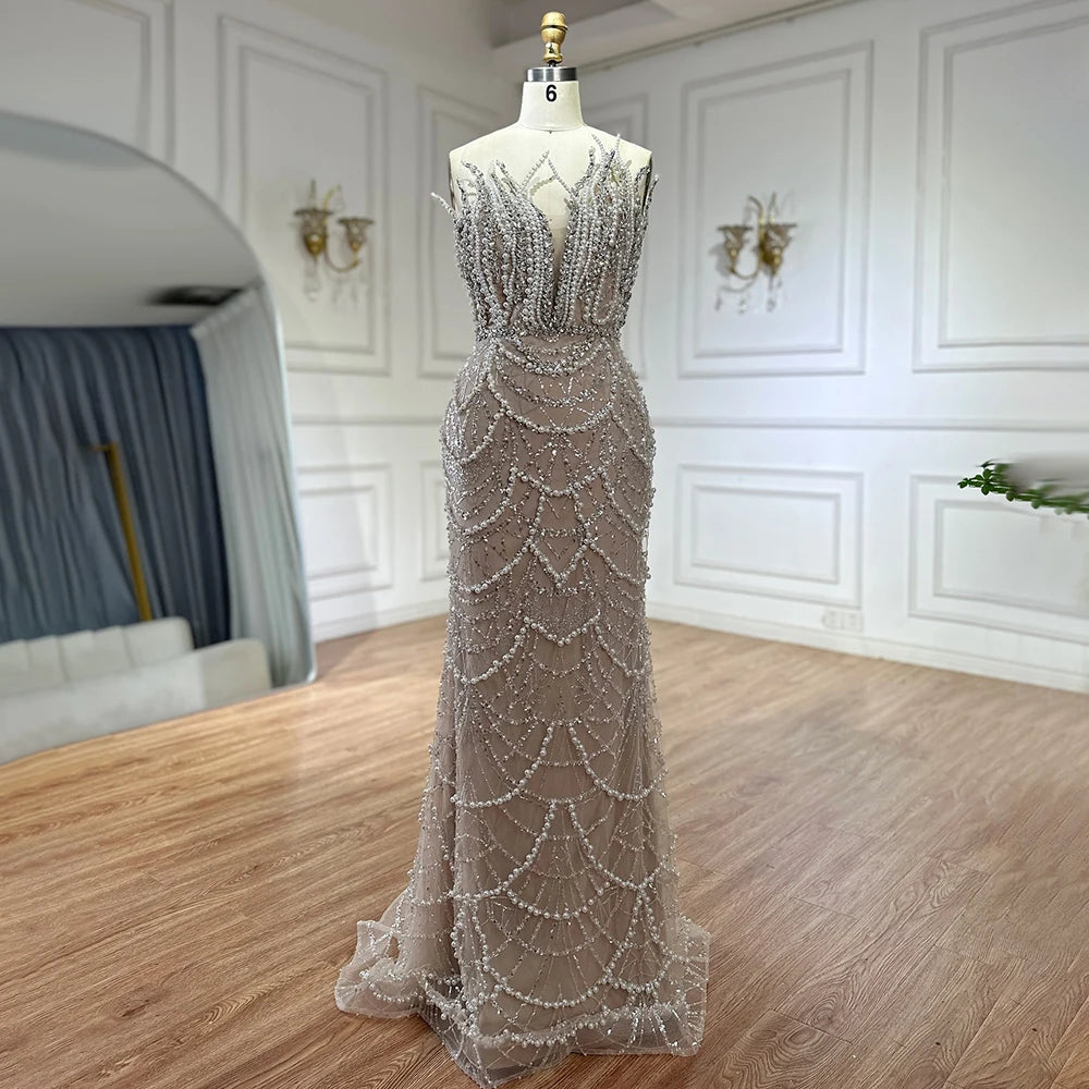Luxury Dubai Nude Saudi Pearls Beaded Mermaid Evening Dresses Gowns for Formal Occasion LA72816 - SERENE HILL
