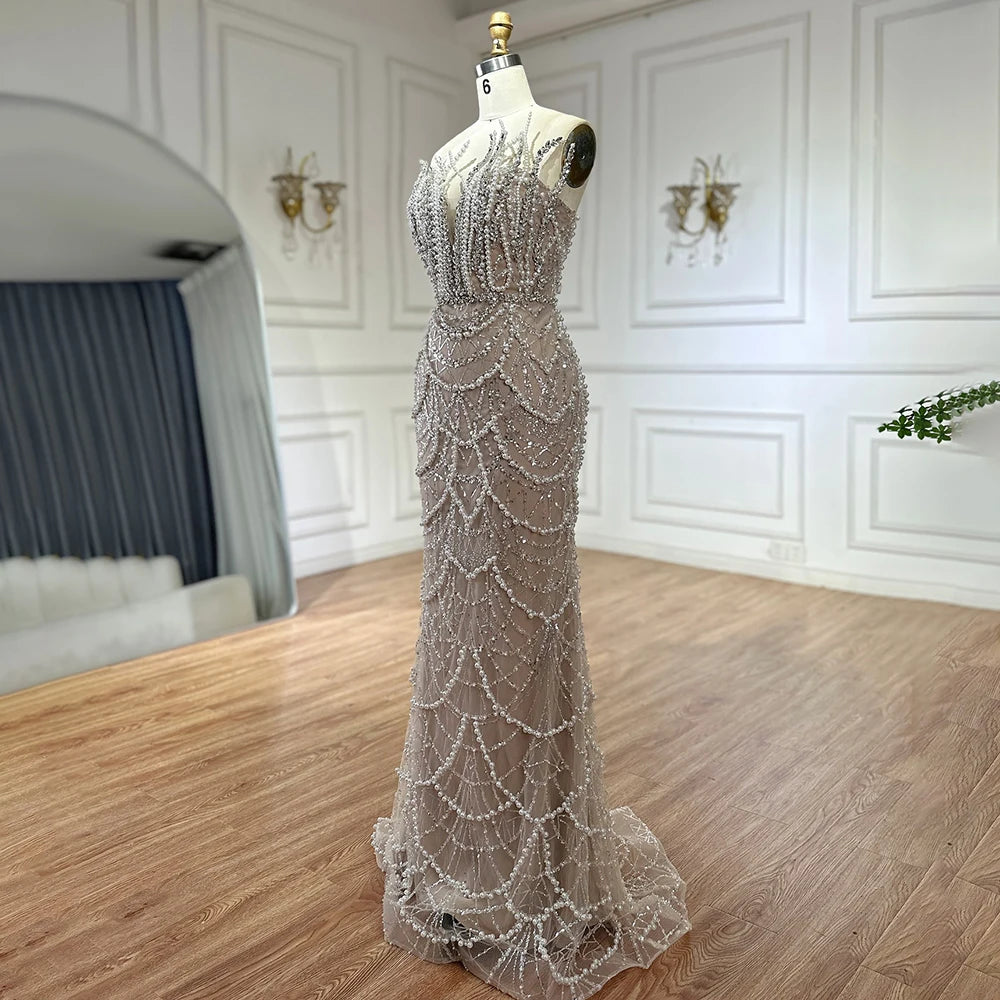 Luxury Dubai Nude Saudi Pearls Beaded Mermaid Evening Dresses Gowns for Formal Occasion LA72816 - SERENE HILL